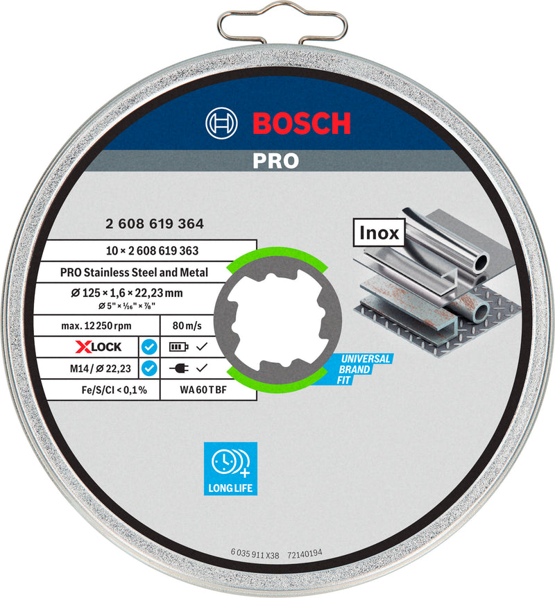 Disco de corte abrasivo aglomerado Bosch PRO para acero inoxidable y metal, 125 x 1,6 x 22,23 mm, X-Lock, recto, 10 uds.