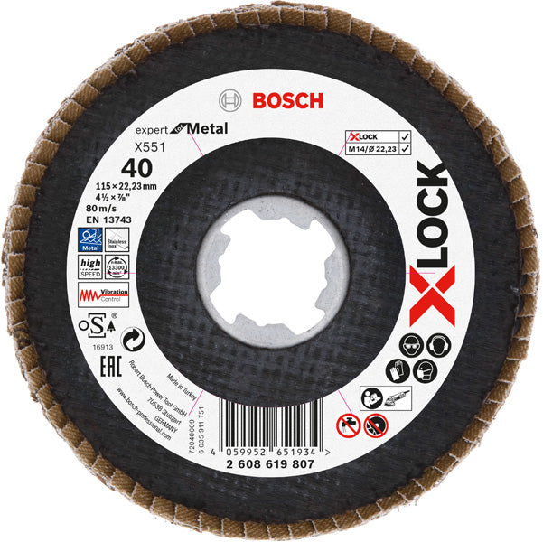 Disco de aba Bosch X551, Expert for Metal, X-LOCK . D= 115 mm; G= 40, angular