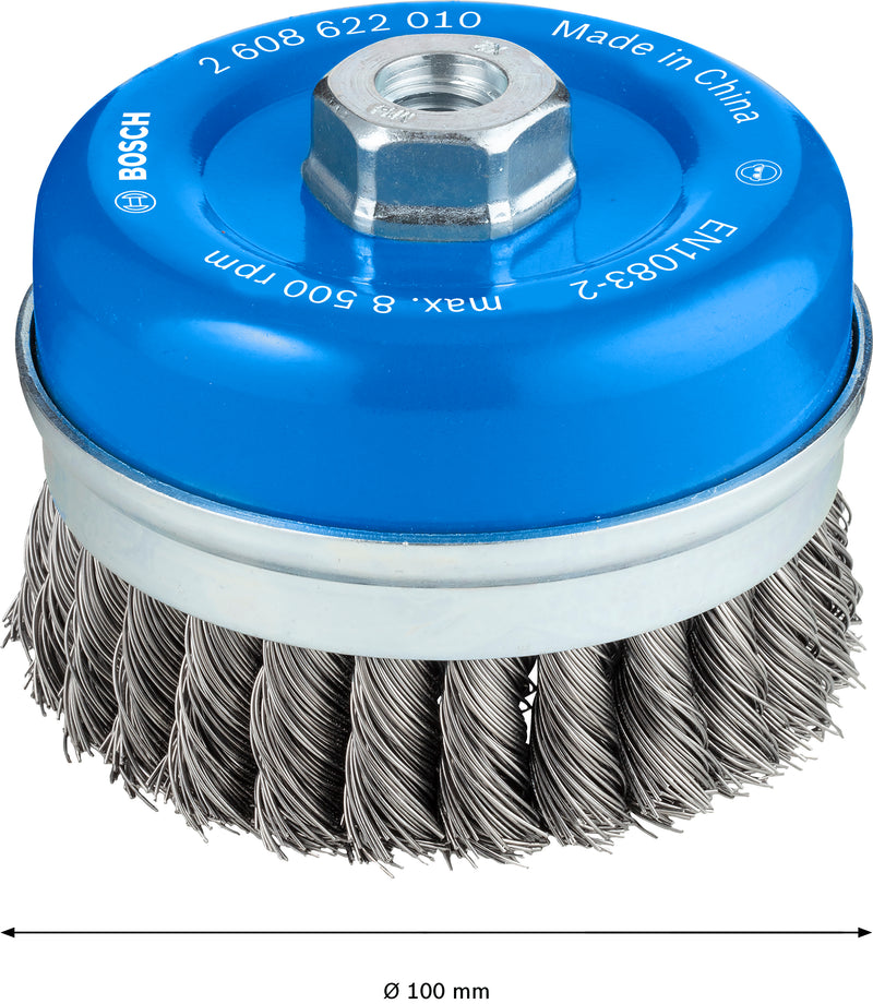 Escova tipo copo Bosch M14 100 mm, com nós de 0,5 mm em aço