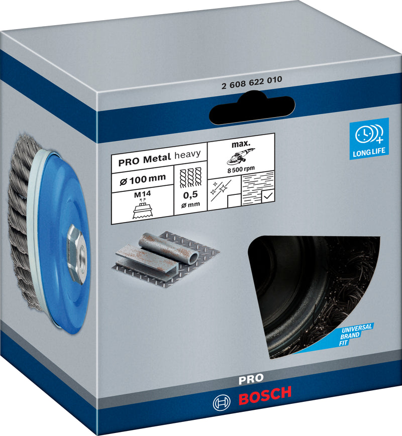 Escova tipo copo Bosch M14 100 mm, com nós de 0,5 mm em aço