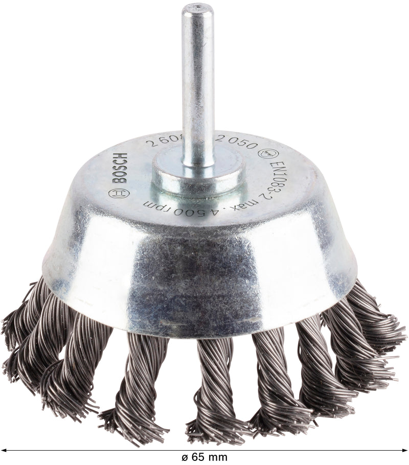 Escova tipo copo Bosch com haste de 6 mm, aço com nós de 65 mm