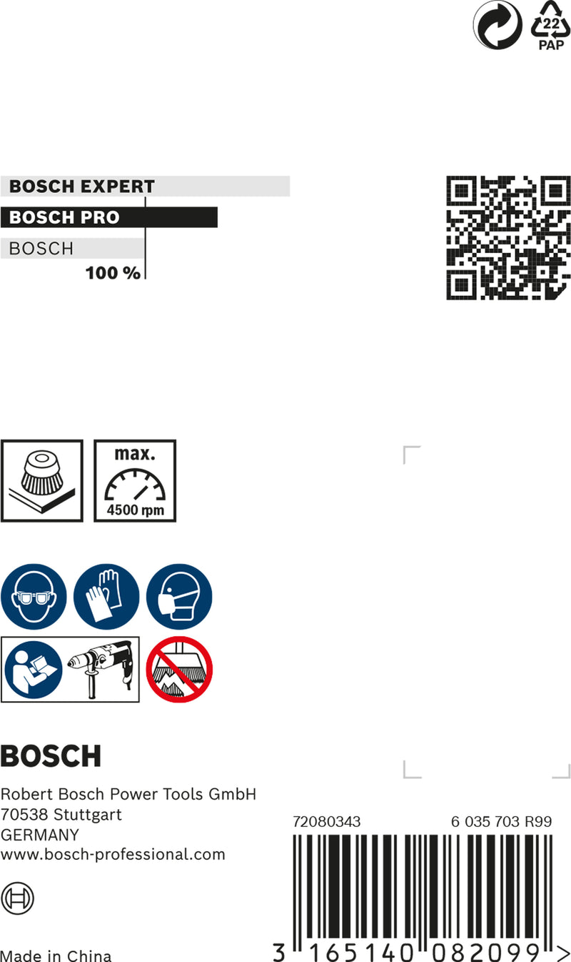 Escova tipo copo Bosch com haste de 6 mm, aço com nós de 65 mm