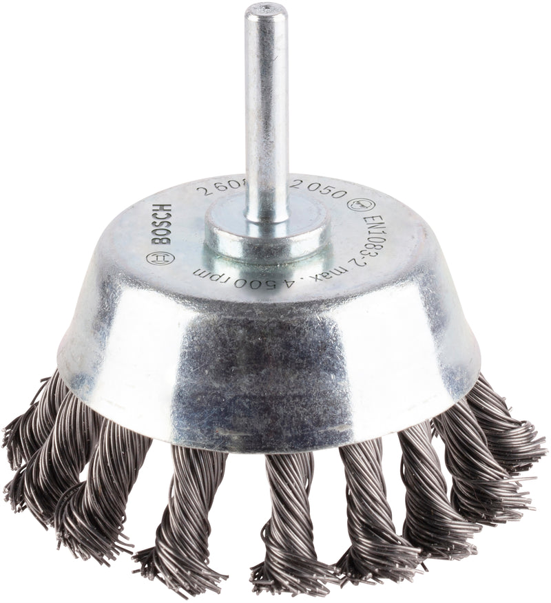 Escova tipo copo Bosch com haste de 6 mm, aço com nós de 65 mm