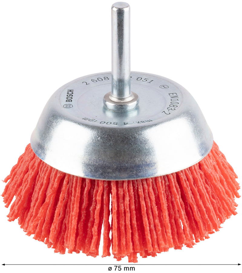 Escova tipo copo Bosch com haste de 6 mm, 75 mm, nylon 1,1 mm