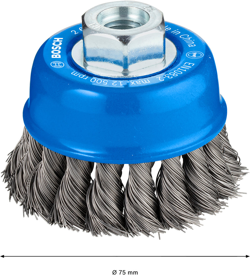 Escova tipo copo Bosch M14 75 mm, aço com nós 0,35 mm