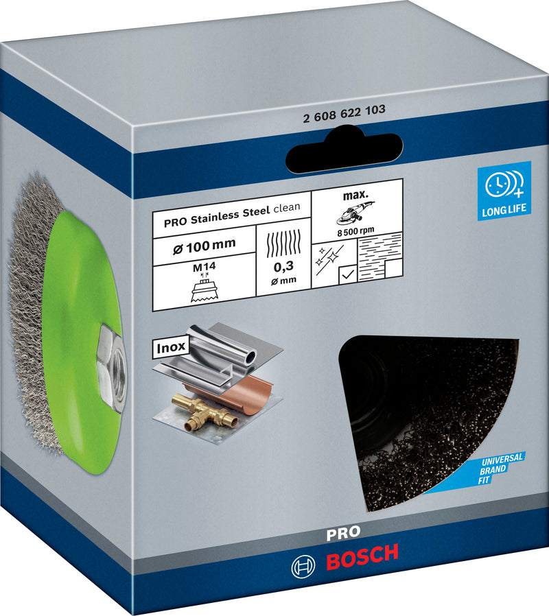 Bosch M14 Cup Brush 100mm Crimped 0.3mm Inox