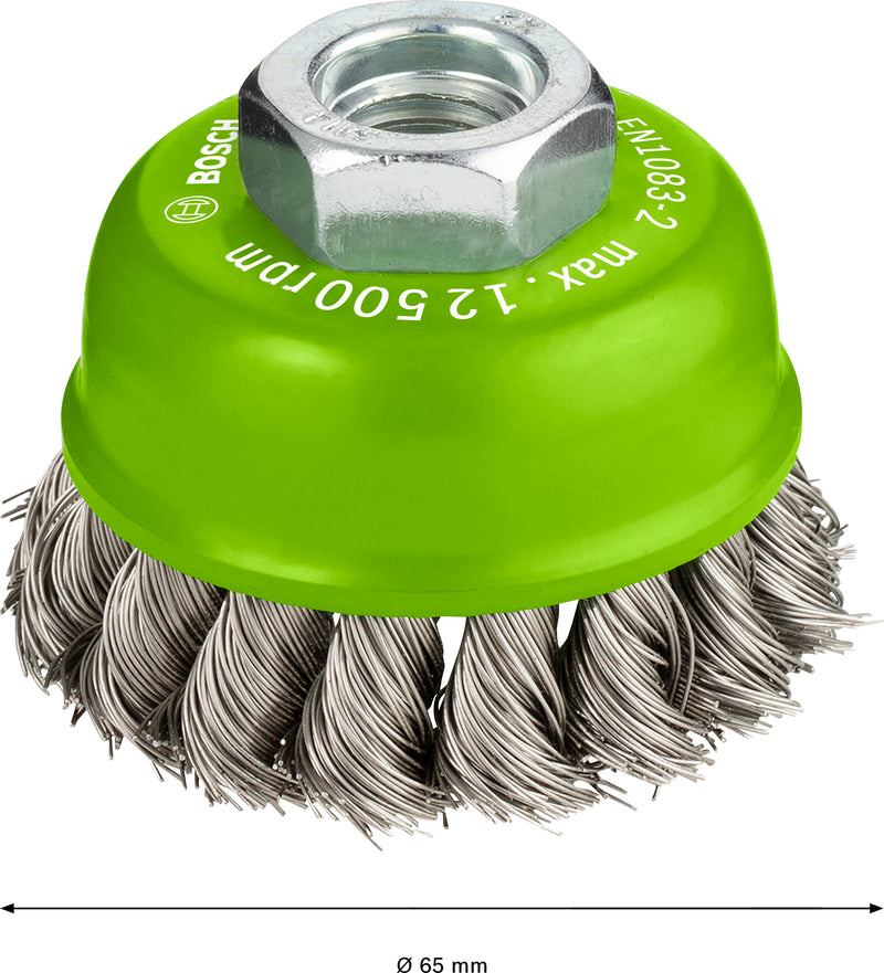 Escova tipo copo Bosch M14 65 mm, com nós 0,35 mm em inox