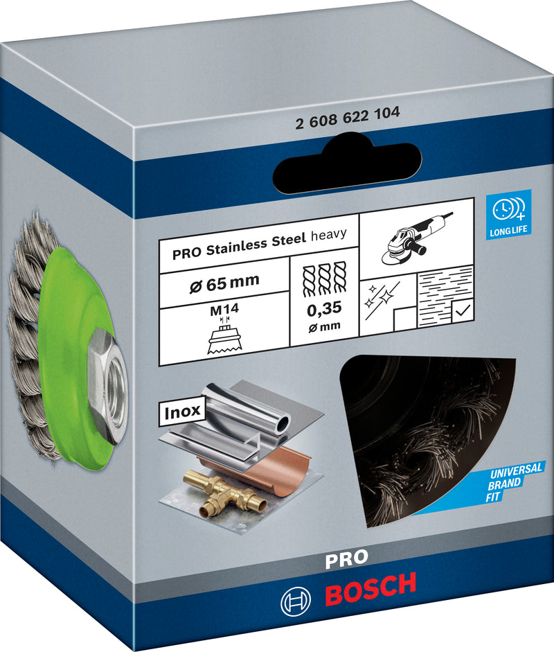 Escova tipo copo Bosch M14 65 mm, com nós 0,35 mm em inox