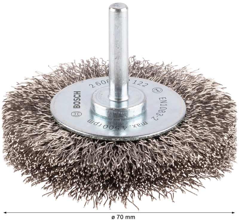 Bosch 6mm Shank Wire Wheel 70mm, Crimped, Inox