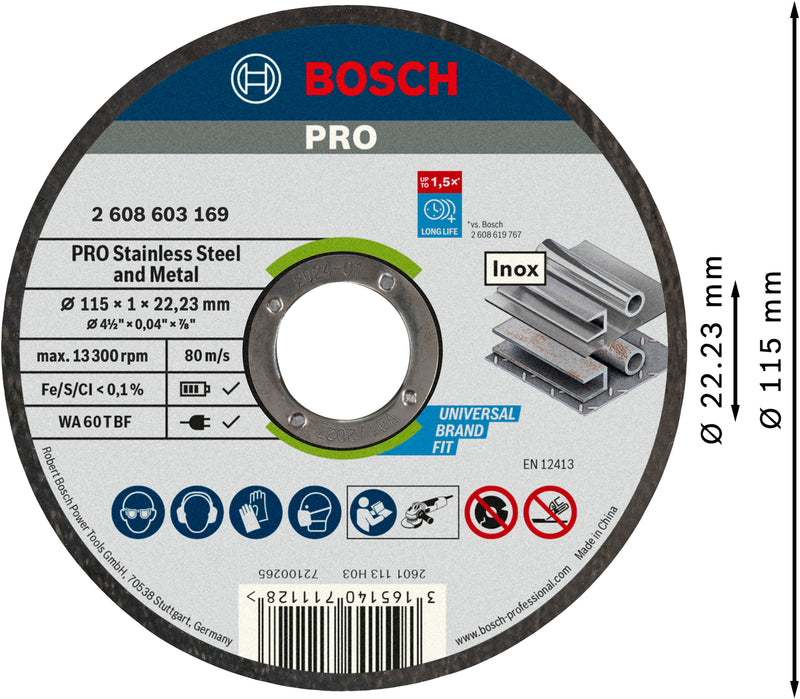 Discos de rebarbar e de corte Bosch Accessories (Disco abrasivo de corte ligado PRO Stainless Steel and Metal, 115 x 1 x 22,23 mm, reto, 100 peças)