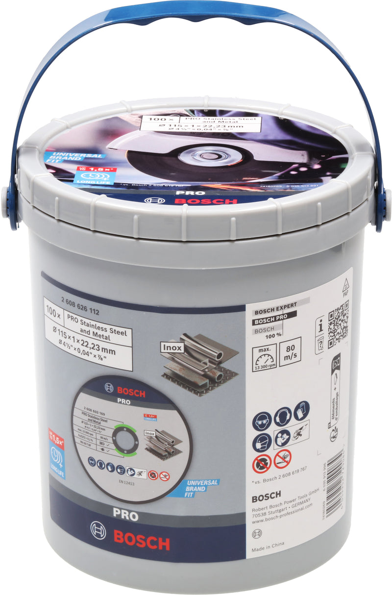 Discos de rebarbar e de corte Bosch Accessories (Disco abrasivo de corte ligado PRO Stainless Steel and Metal, 115 x 1 x 22,23 mm, reto, 100 peças)