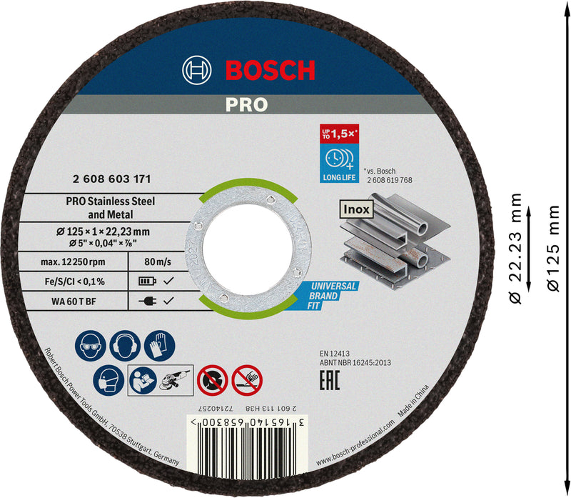 Discos de corte y desbaste Bosch (disco de corte abrasivo con aglomerante metálico y acero inoxidable PRO, 125 x 1 x 22,23 mm, plano, 100 unidades)