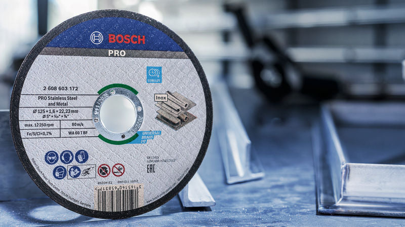 Discos de corte y desbaste Bosch (disco de corte PRO de acero inoxidable y aglomerado metálico, 125 x 1,6 x 22,23 mm, plano, 100 unidades)