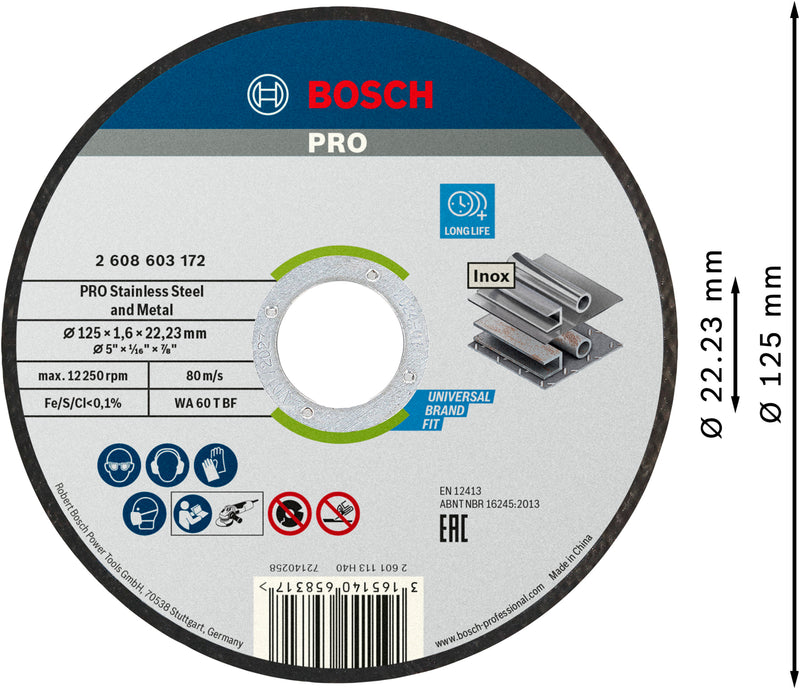 Discos de corte y desbaste Bosch (disco de corte PRO de acero inoxidable y aglomerado metálico, 125 x 1,6 x 22,23 mm, plano, 100 unidades)