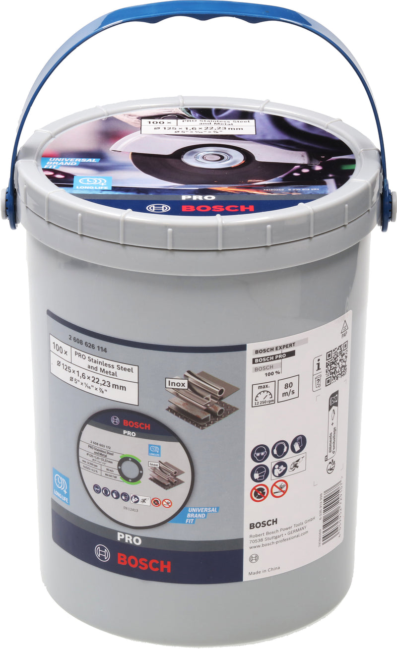 Discos de corte y desbaste Bosch (disco de corte PRO de acero inoxidable y aglomerado metálico, 125 x 1,6 x 22,23 mm, plano, 100 unidades)