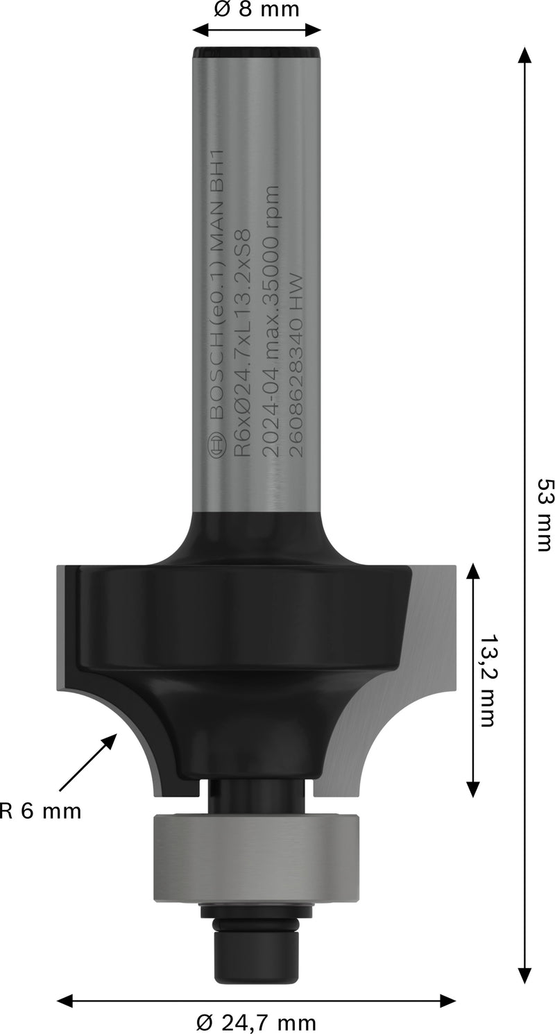 Bosch PRO router rounding cutter, R 6, 8 mm shank