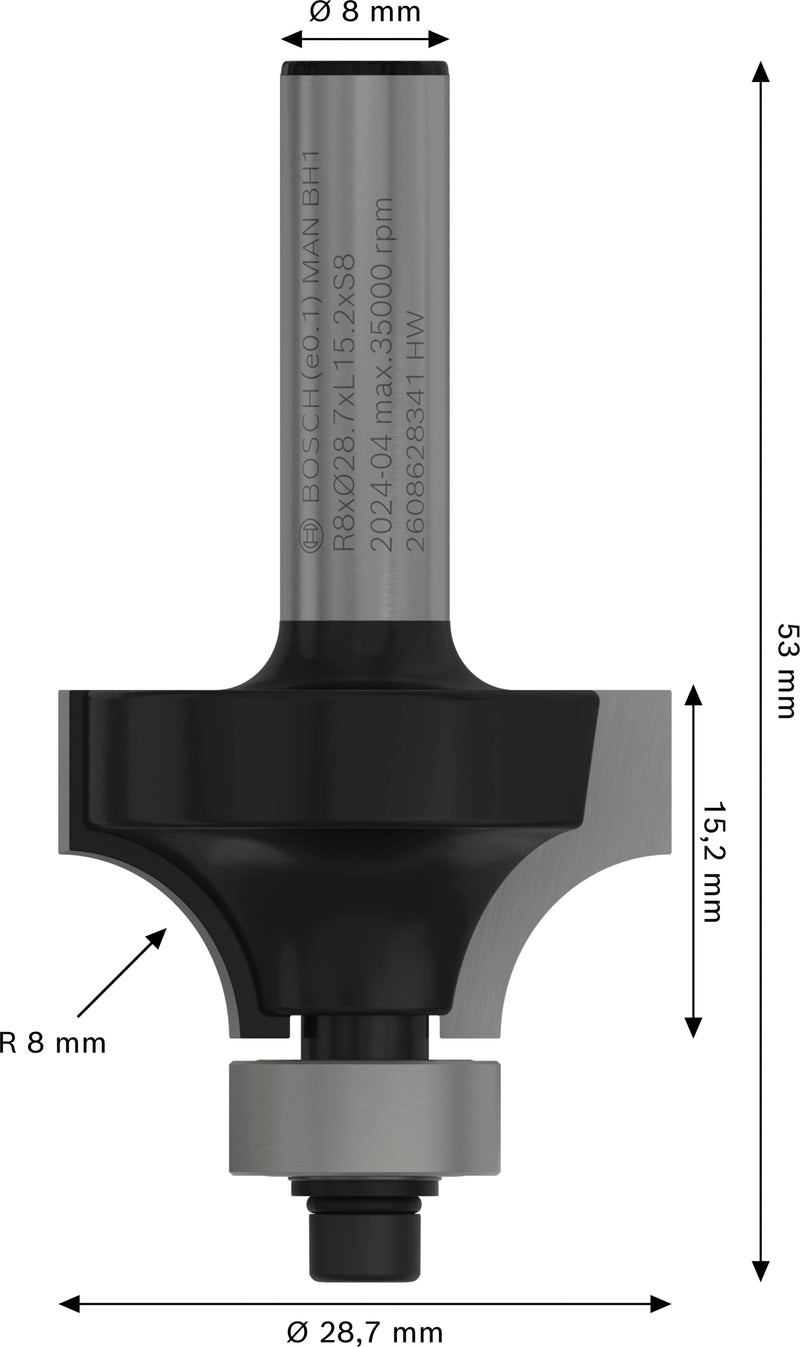 Bosch PRO router rounding cutter, R 8, 8 mm shank