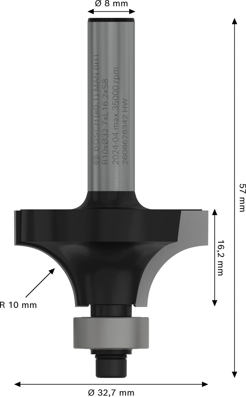 Bosch PRO router rounding cutter, R 10, 8 mm shank
