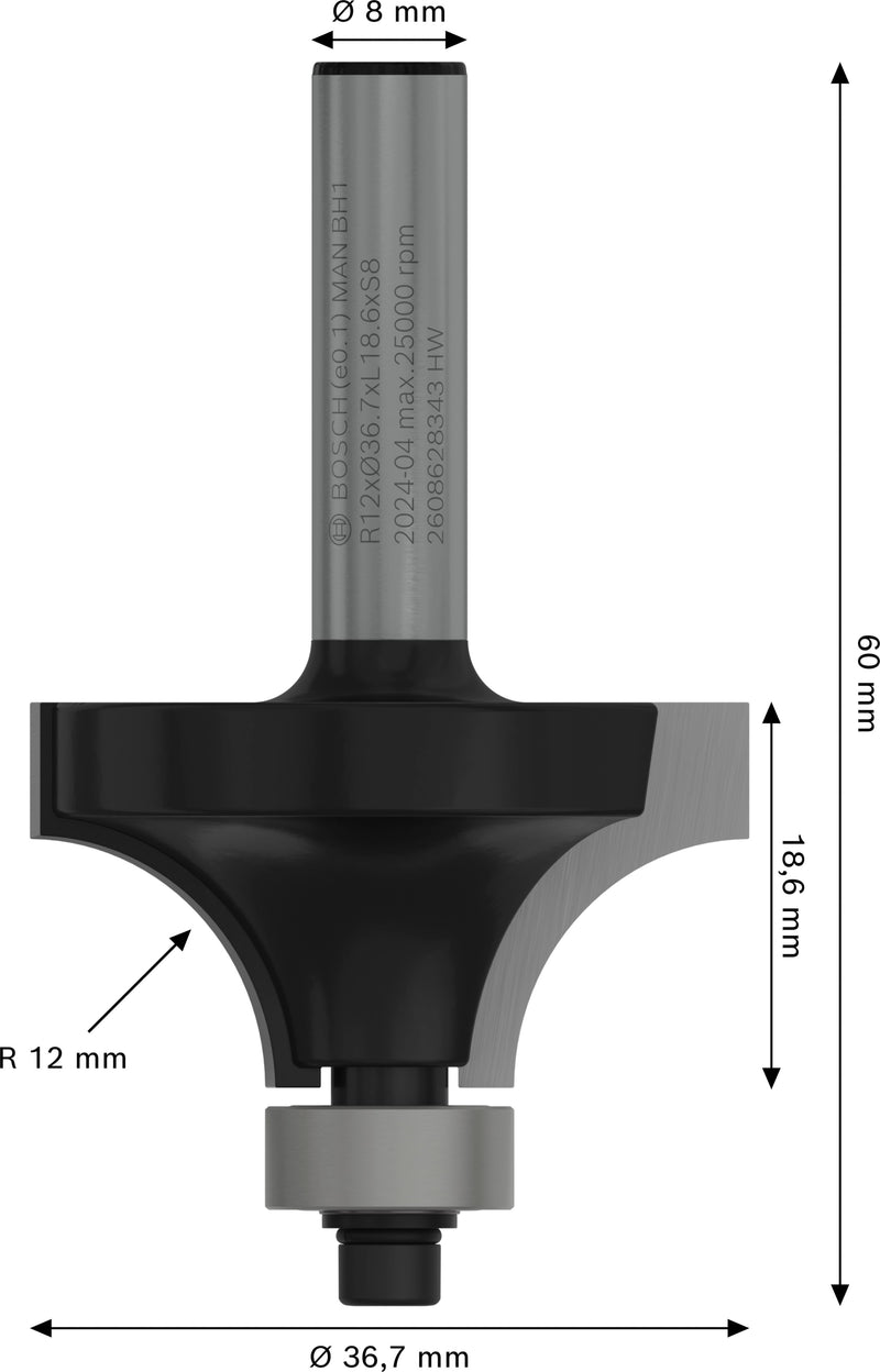 Bosch PRO router rounding cutter, R 12, 8 mm shank