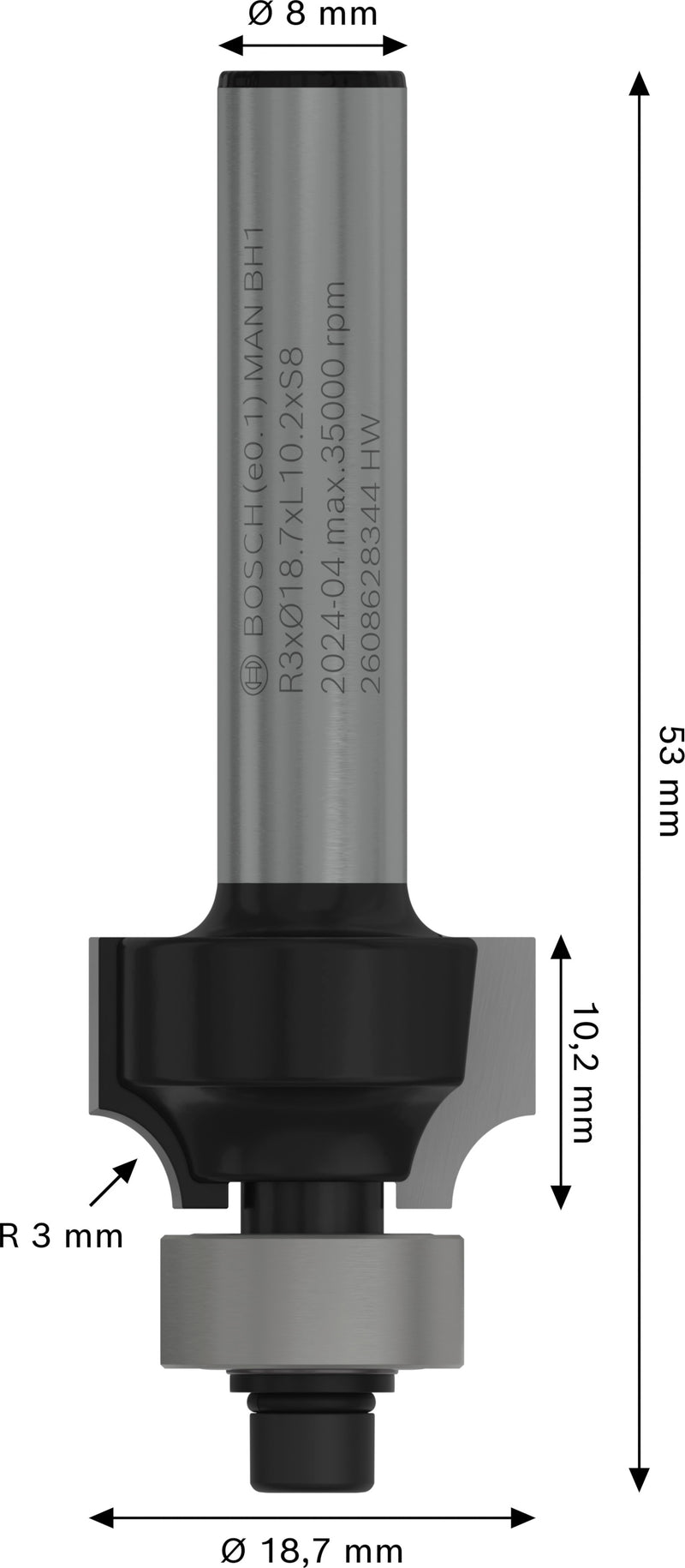 Bosch PRO router rounding cutter, R 3, 8 mm shank