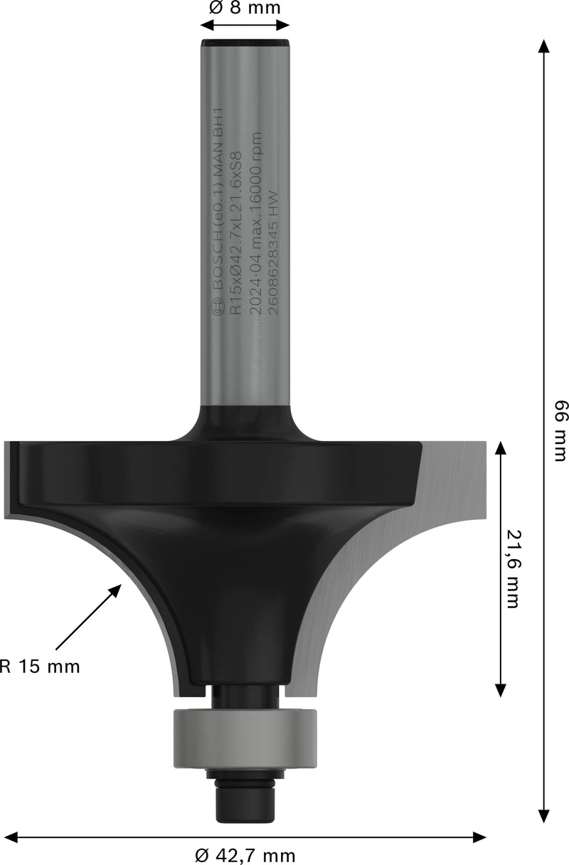 Bosch PRO router rounding cutter, R 15, 8 mm shank