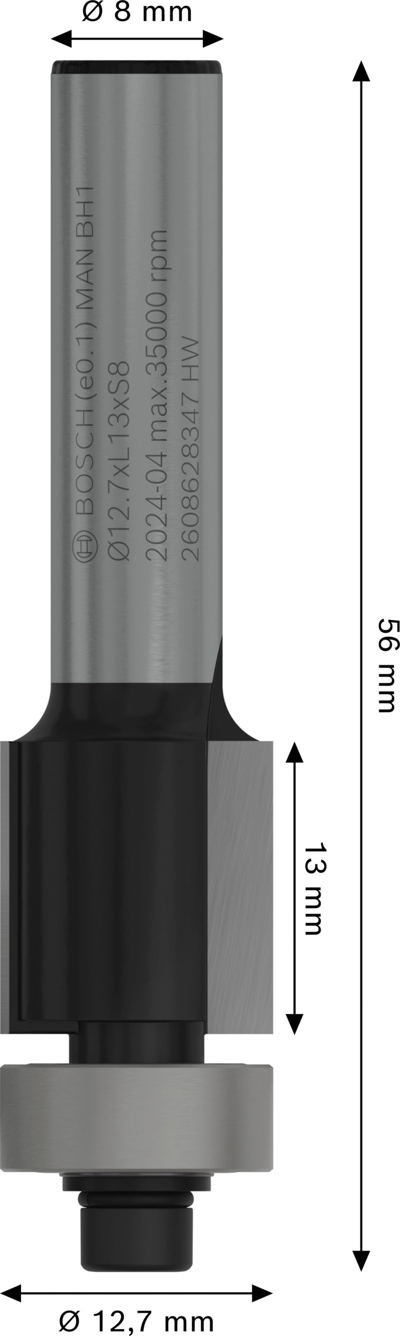 Bosch Alignment cutter with lower bearing for PRO router, Ø 12.7 x L 13, 8 mm shank