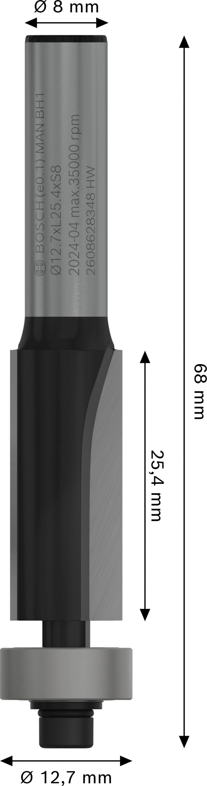 Bosch Alignment cutter with lower bearing for PRO router, Ø 12.7 x L 25.4, 8 mm shank