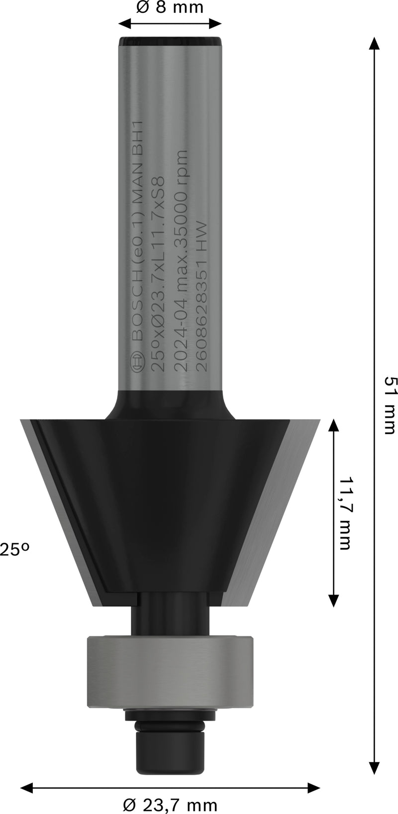 Bosch PRO router chamfering cutter, 25°, 8 mm shank