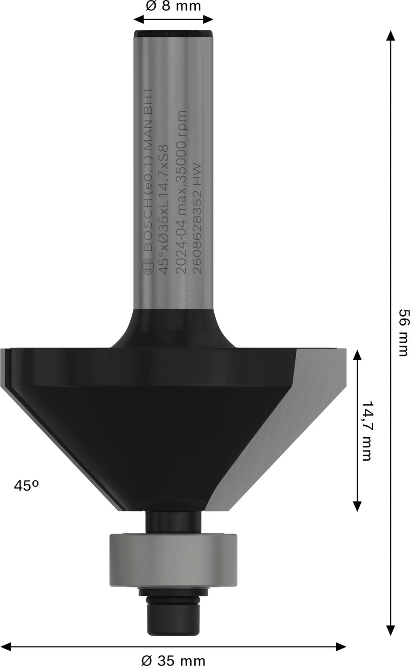 Bosch PRO router chamfering cutter, 45°, 8 mm shank
