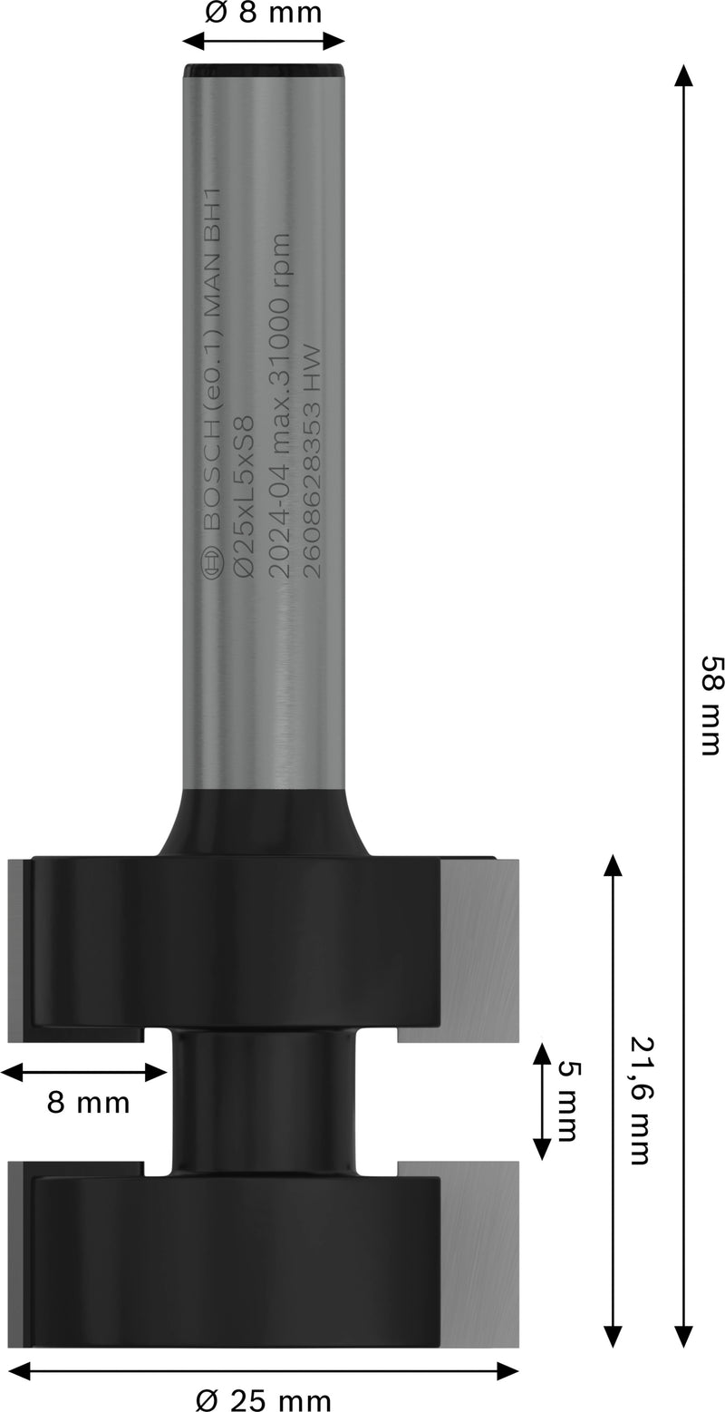 Bosch Milling cutter for tongue-and-groove joint for PRO router, Ø 25 x C 5, 8 mm shank