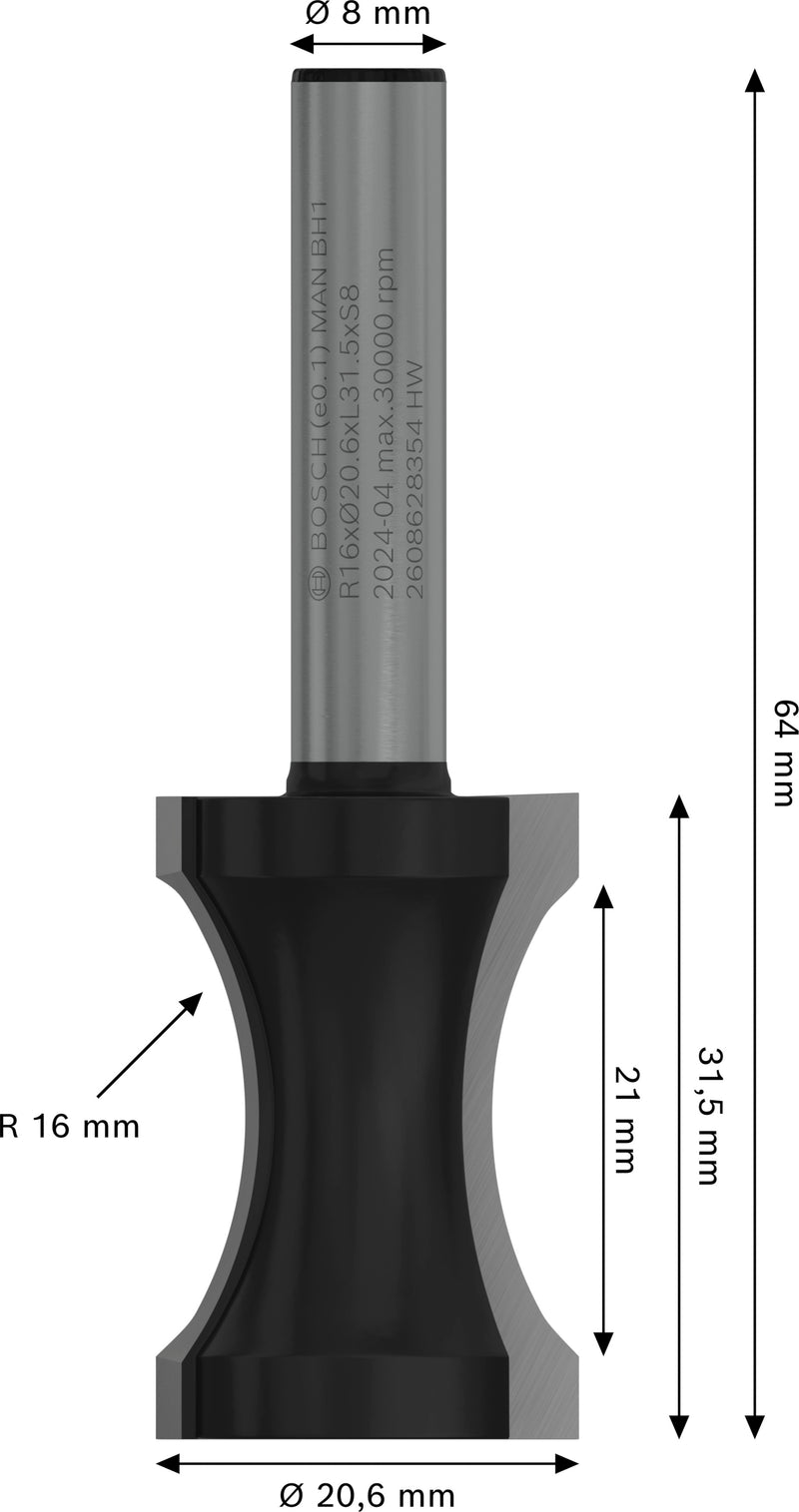 Bosch Round bar for router PRO, R 16, 8 mm shank