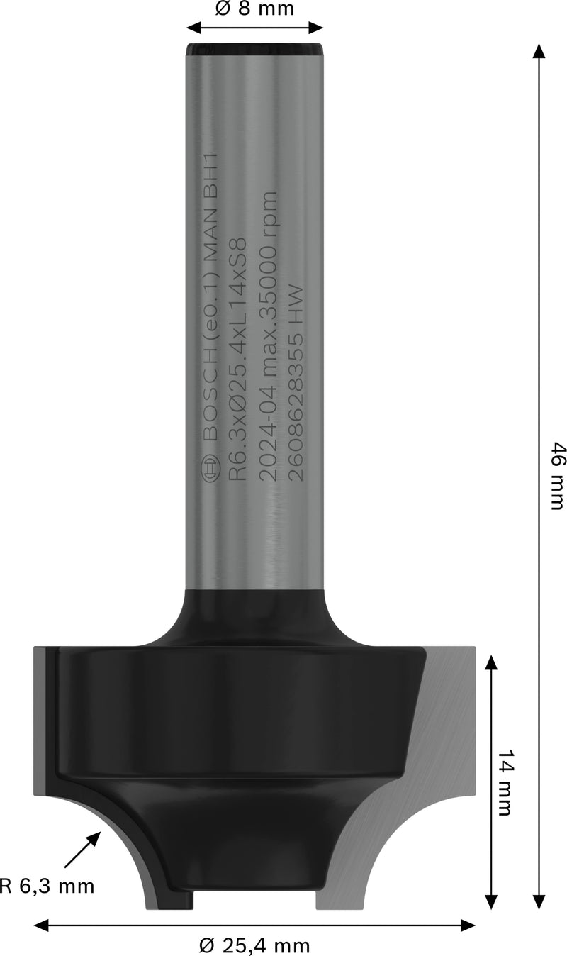 Bosch Ovolo router bit for PRO router, R 6.3, 8 mm shank