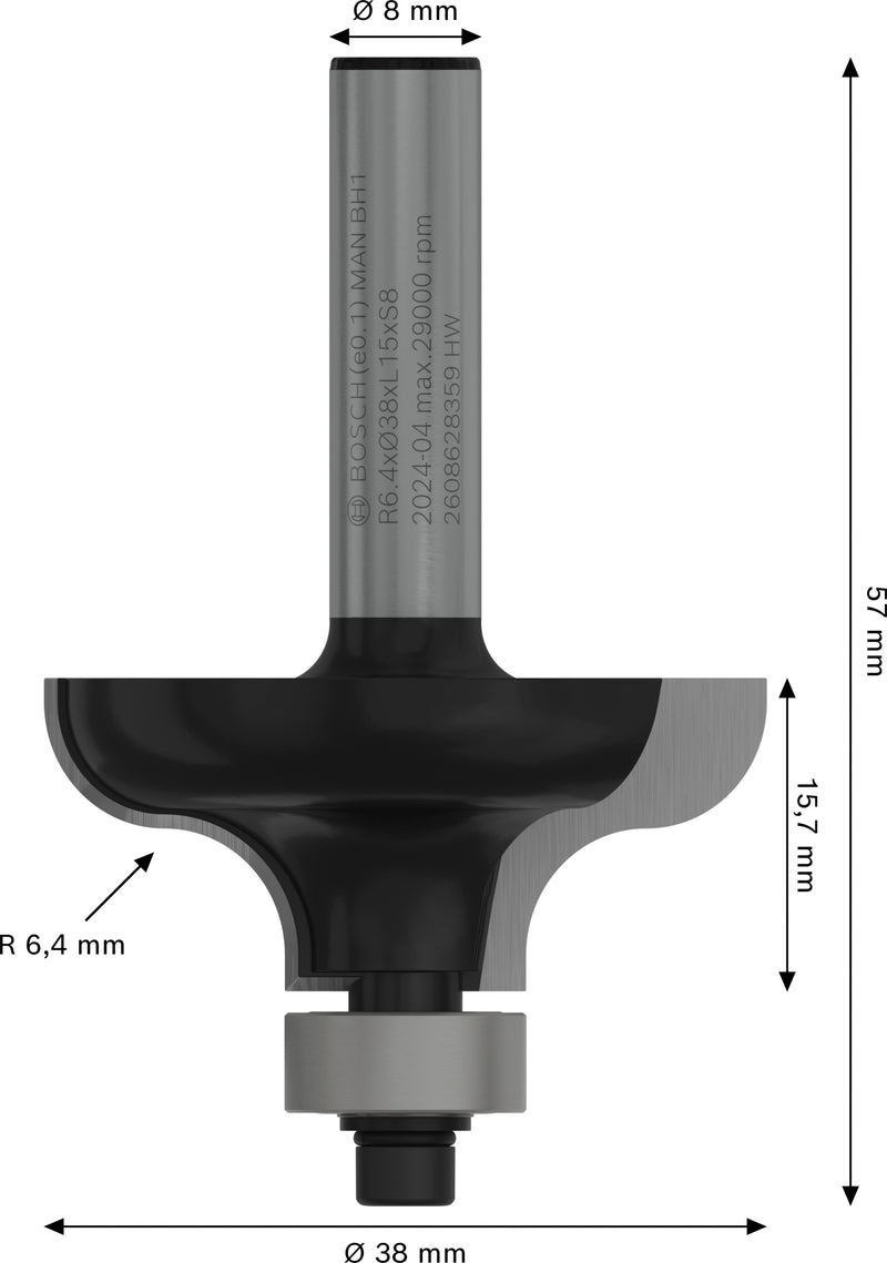 Bosch PRO router pointed fillet mill, R 6.4, 8 mm shank