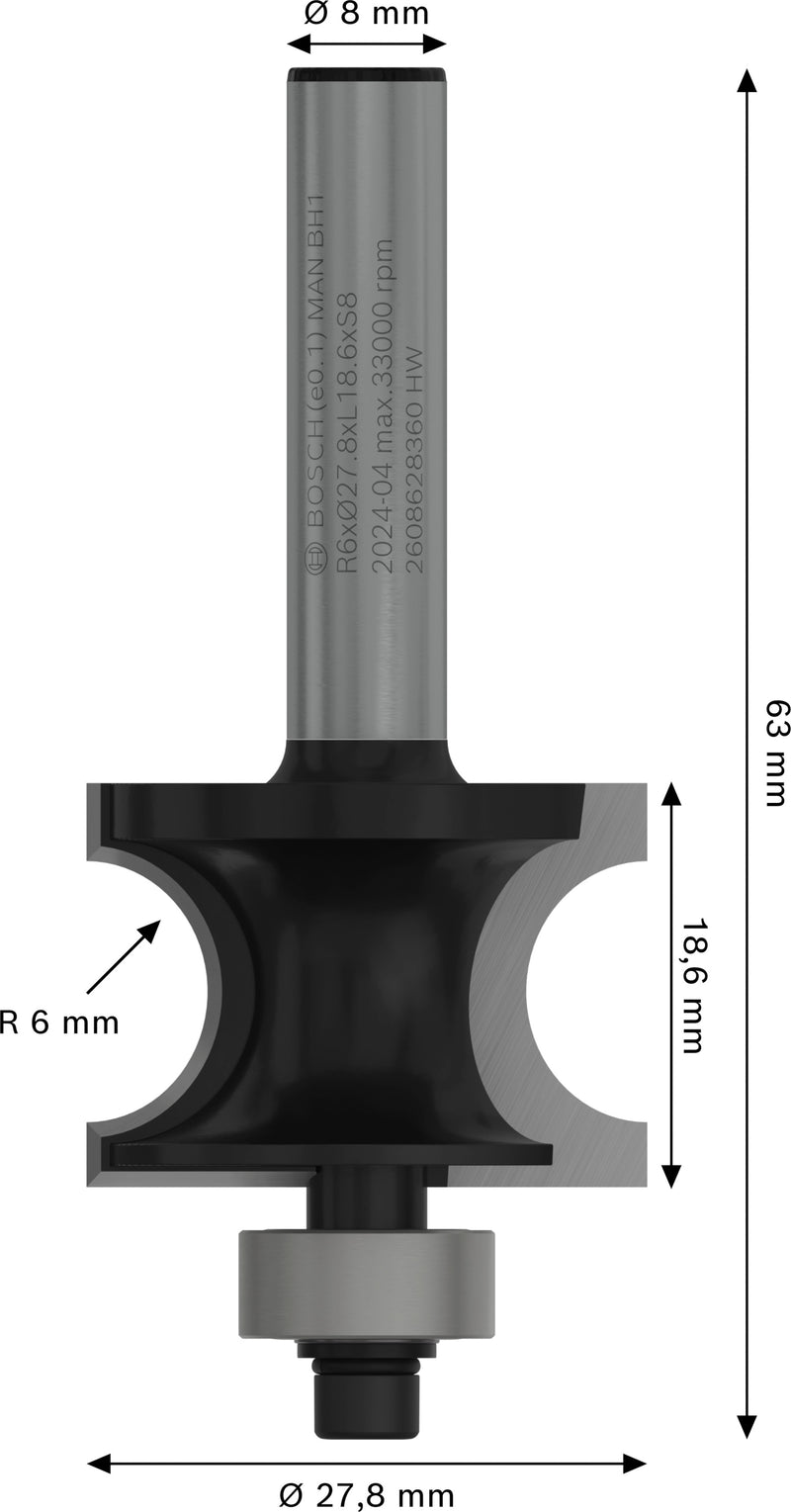Bosch PRO Router Guide Rounding Bit, R 6, 8 mm Shank
