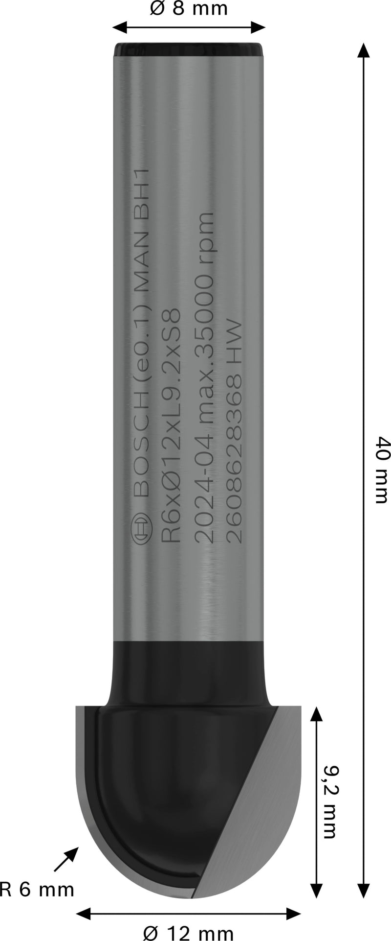 Fresa de ranhuras redondas Bosch PRO, R 6, haste de 8 mm