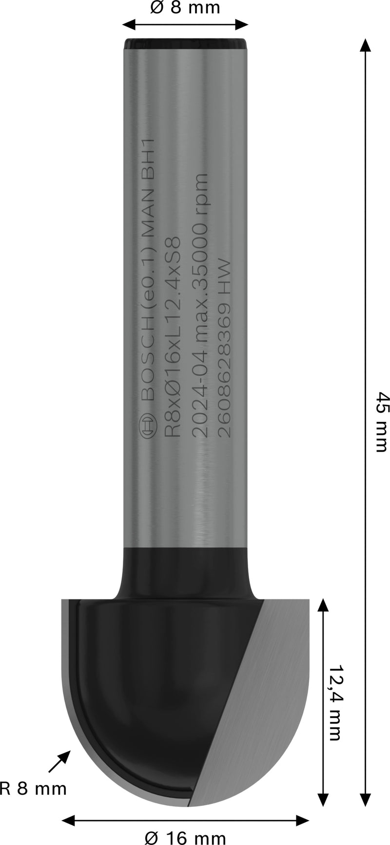 Bosch PRO router round groove router, R 8, 8 mm shank