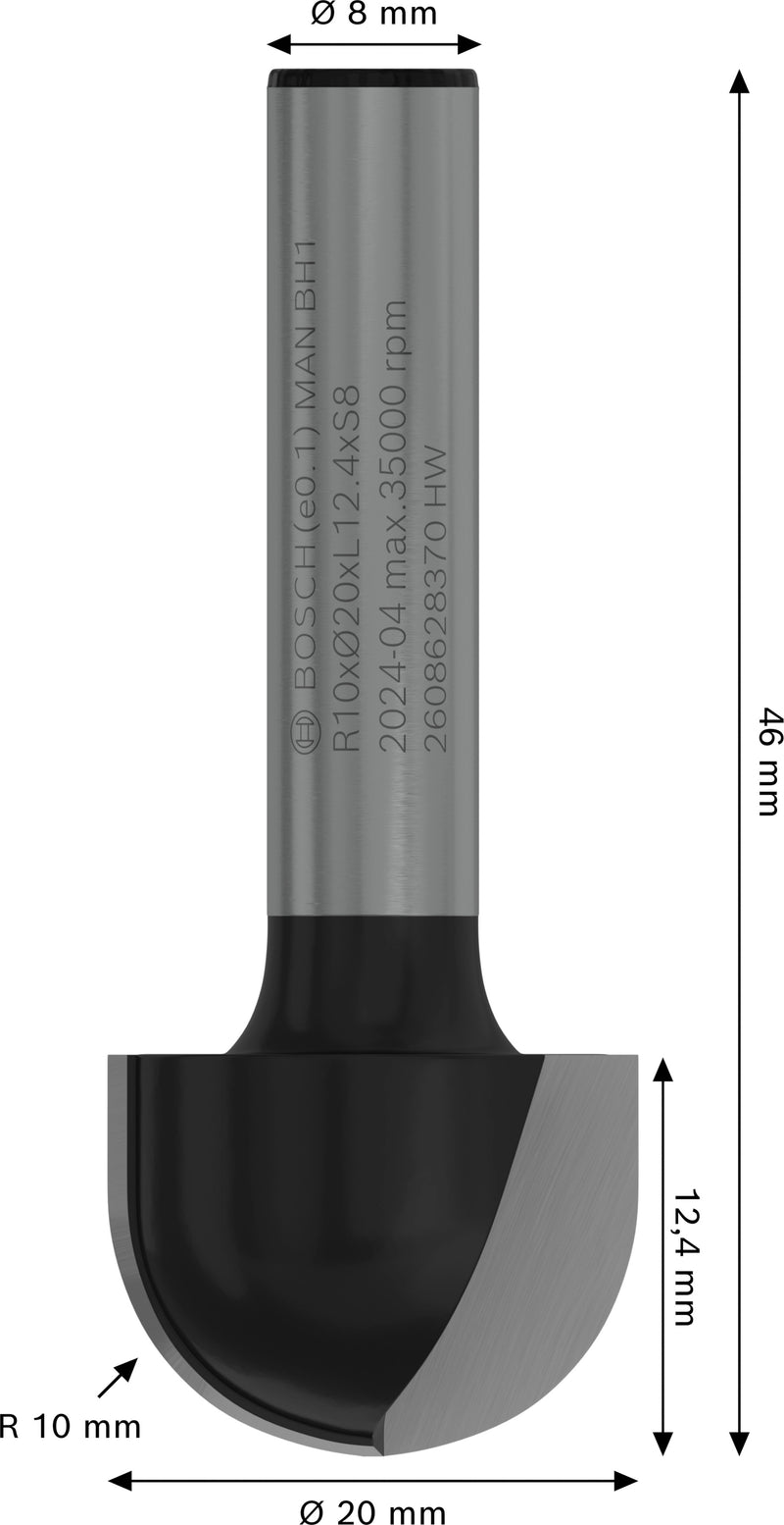 Bosch PRO round groove milling cutter, R 10, 8 mm shank