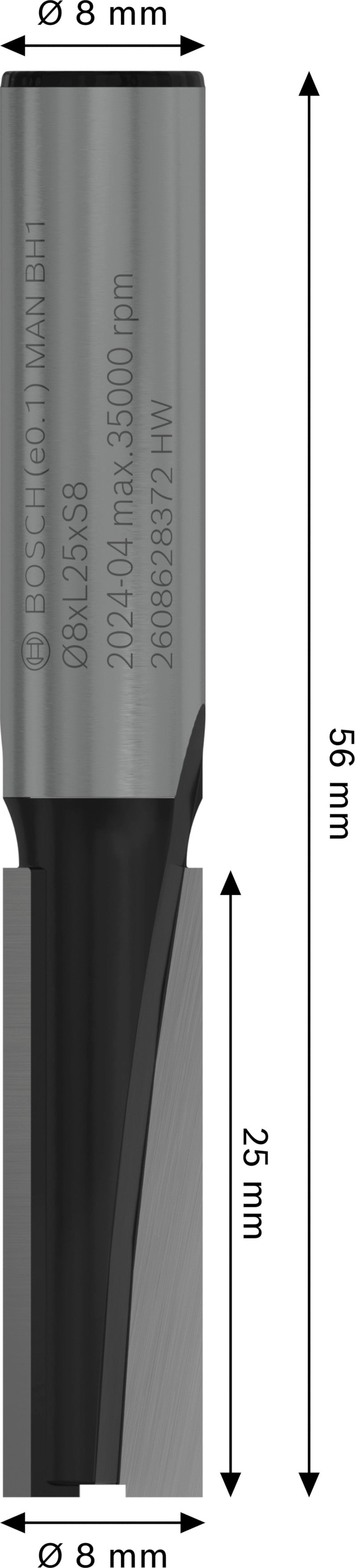 Fresa direita Bosch para fresa PRO, duas ranhuras, Ø 8 x L 25, haste de 8 mm