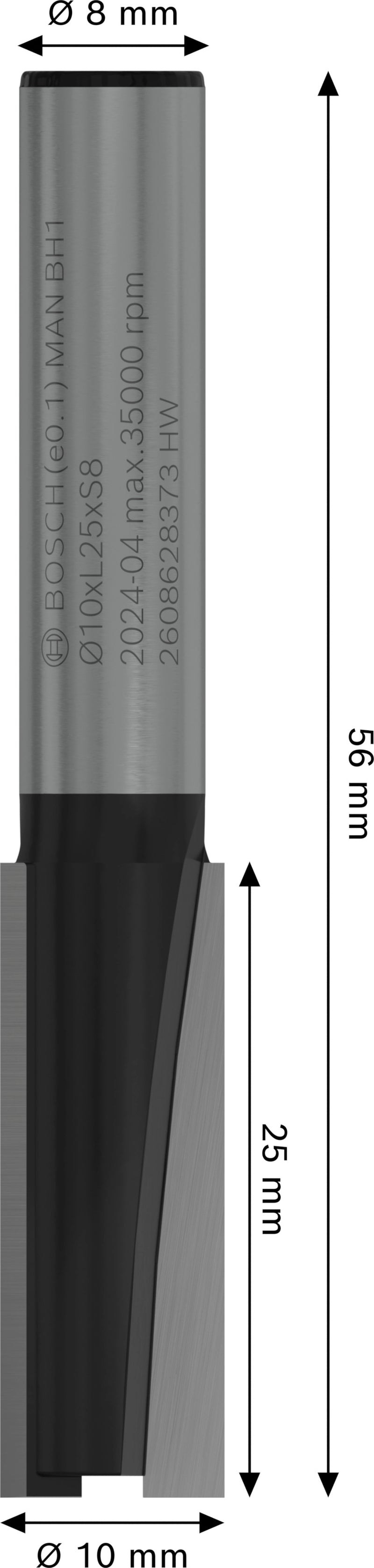 Bosch Right router for PRO router, two flutes, Ø 10 x L 25, 8 mm shank