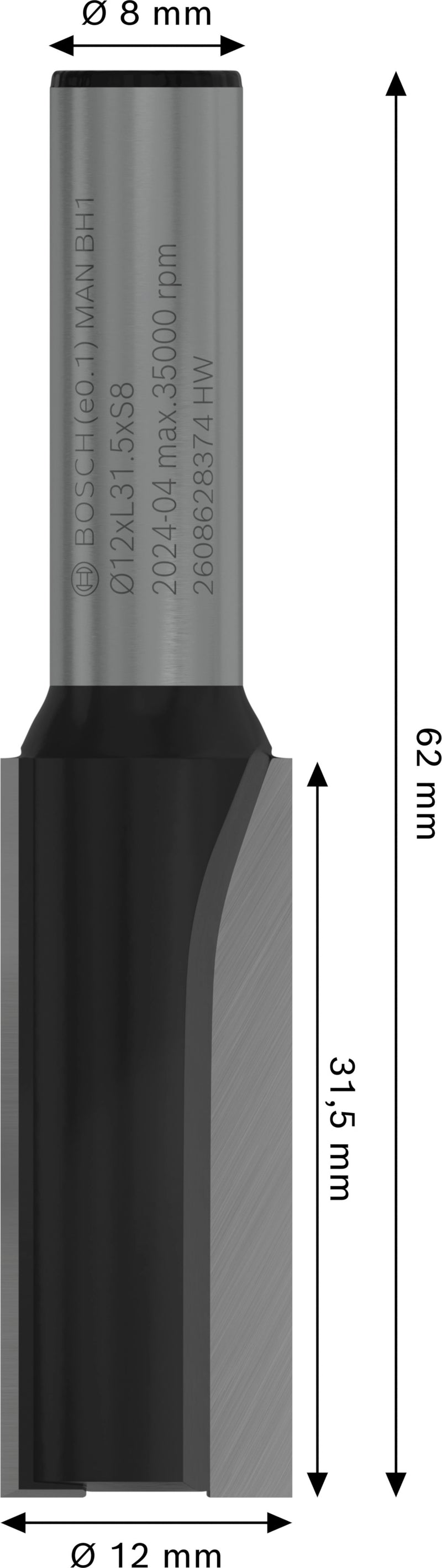 Fresa reta Bosch PRO, duas ranhuras, Ø 12 x L 31,5, haste de 8 mm