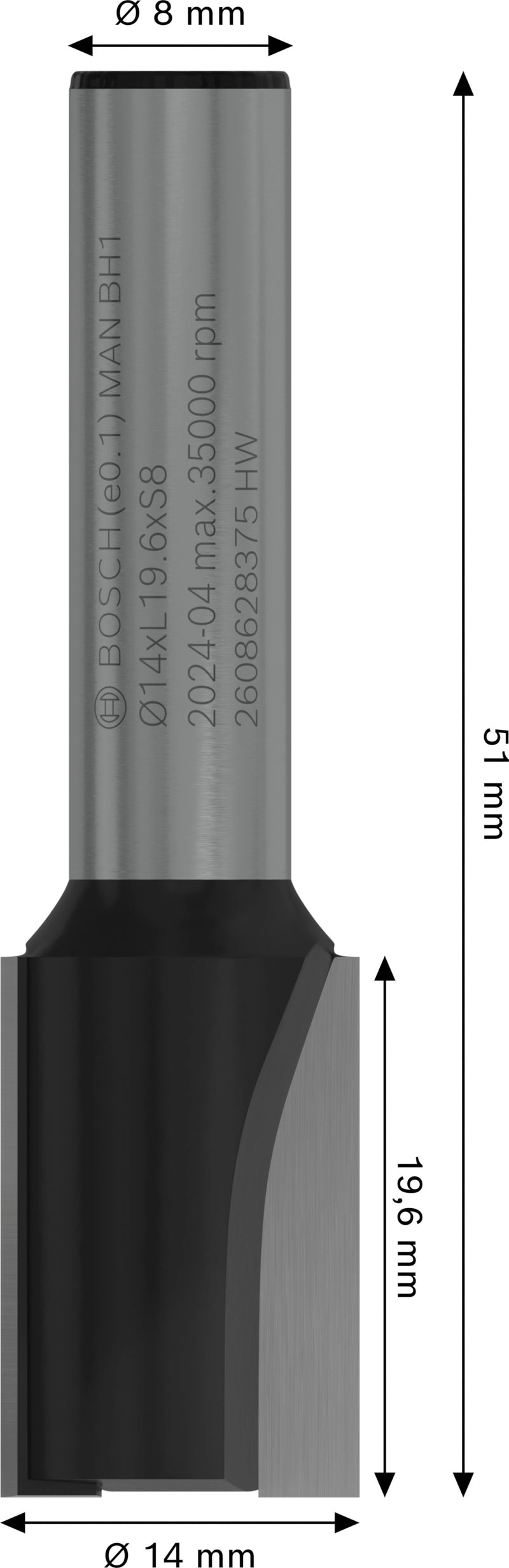 Fresa direita Bosch para fresa PRO, duas ranhuras, Ø 14 x L 19,6, haste de 8 mm