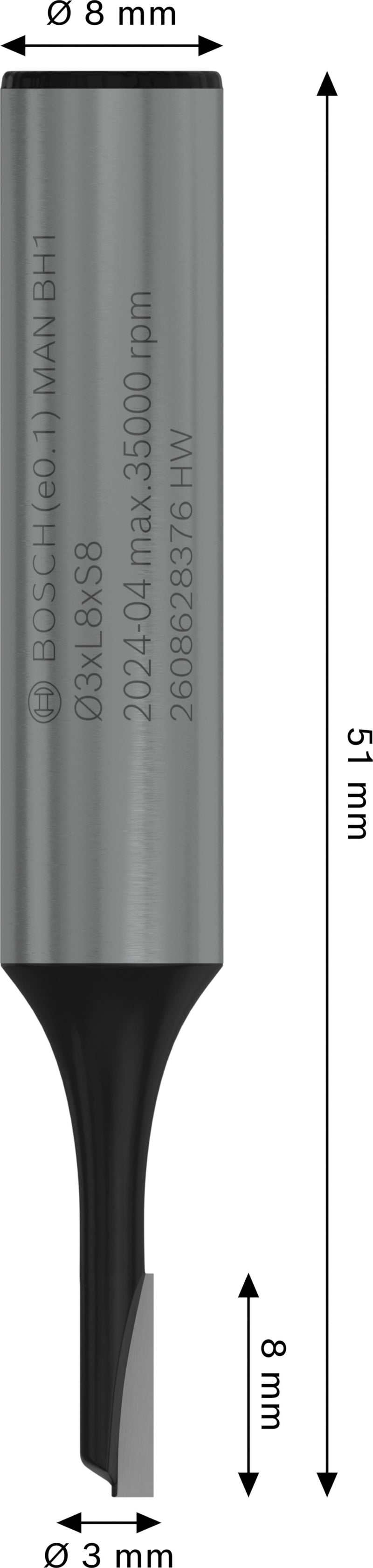Fresa direita Bosch para fresa PRO, canal único, Ø 3 x L 8, haste de 8 mm