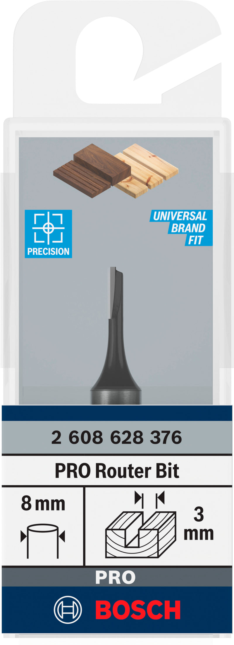 Fresa direita Bosch para fresa PRO, canal único, Ø 3 x L 8, haste de 8 mm