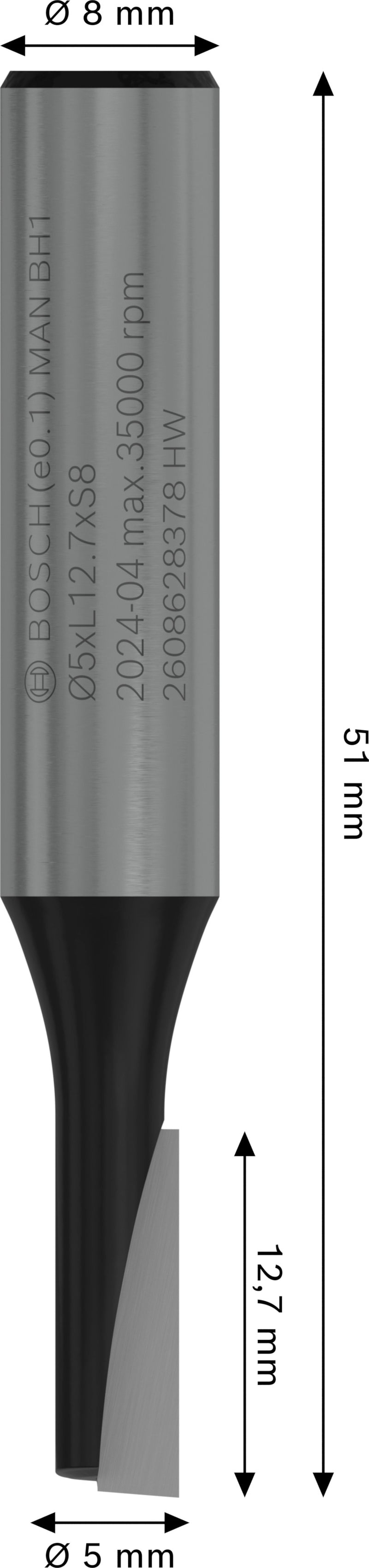 Fresa direita Bosch para fresa PRO, canal único, Ø 5 x L 12,7, haste de 8 mm