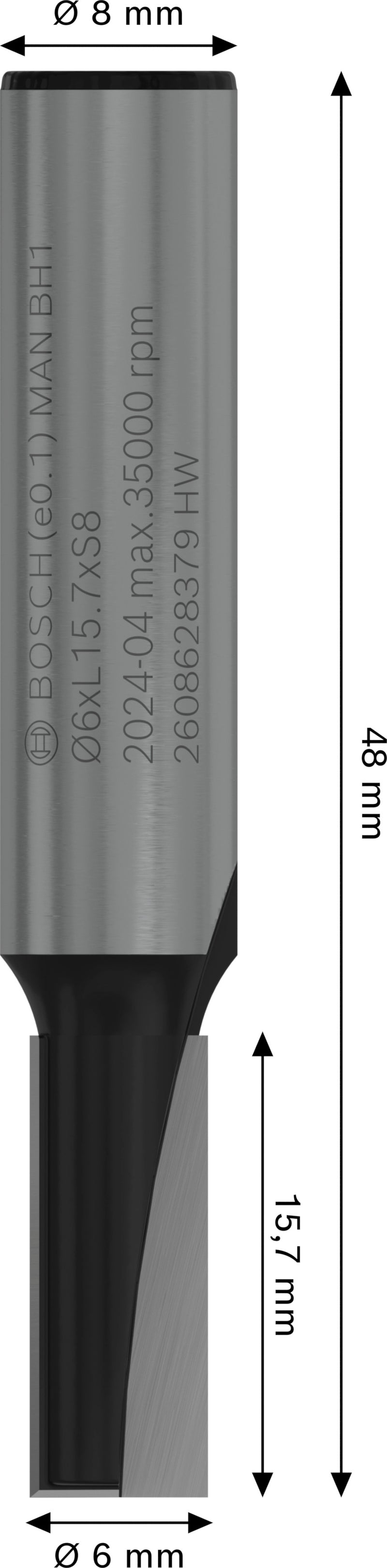 Fresa direita Bosch para fresa PRO, duas ranhuras, Ø 6 x L 15,7, haste de 8 mm