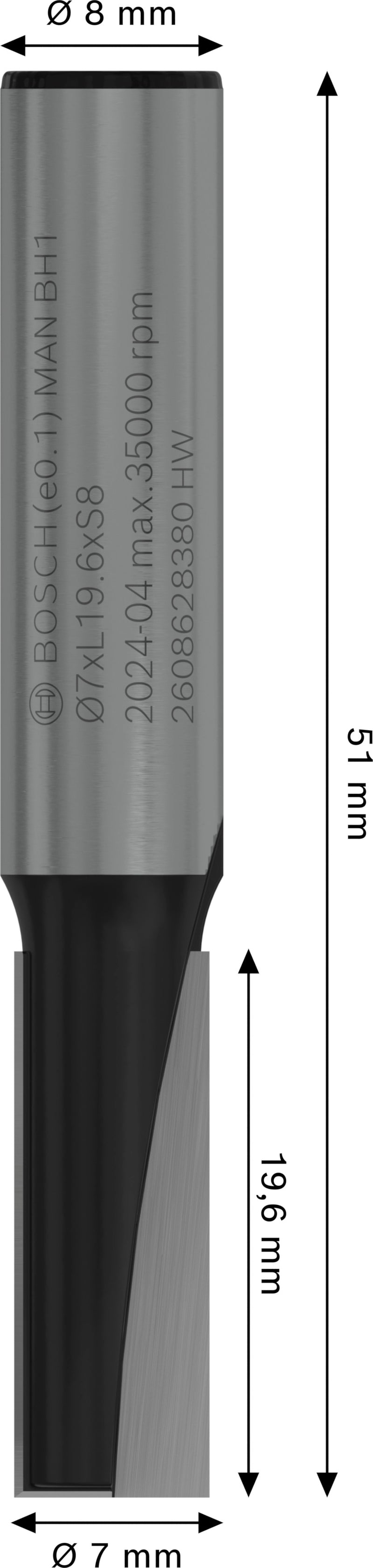 Fresa direita Bosch para fresa PRO, duas ranhuras, Ø 7 x L 19,6, haste de 8 mm