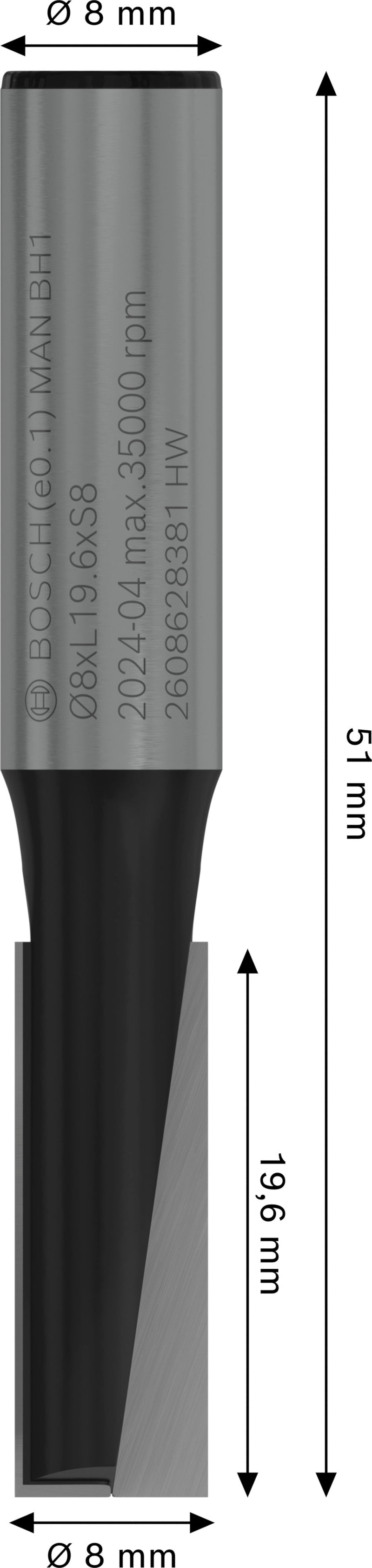 Fresa direita Bosch para fresa PRO, duas ranhuras, Ø 8 x L 19,6, haste de 8 mm