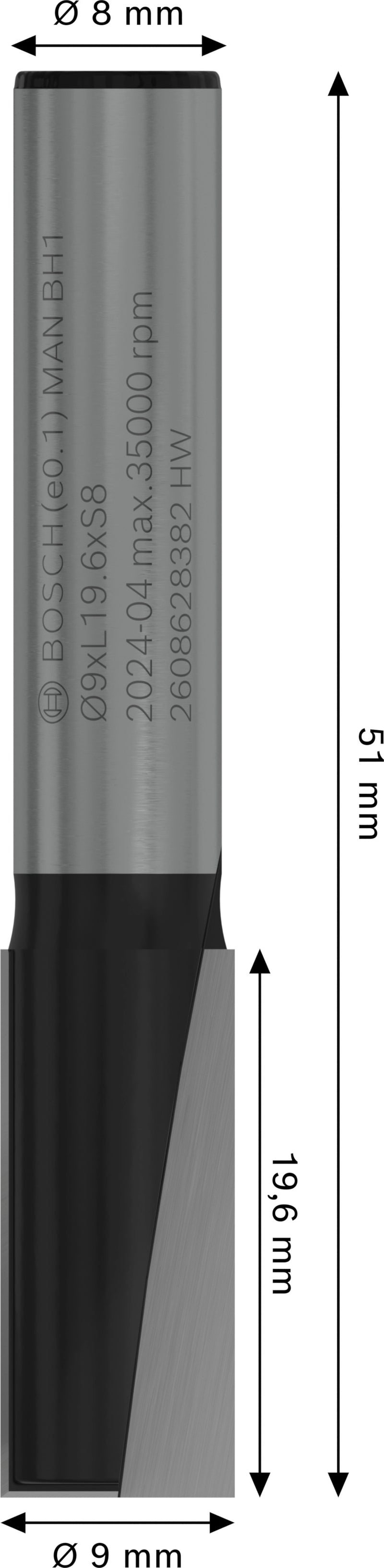 Fresa direita Bosch para fresa PRO, duas ranhuras, Ø 9 x L 19,6, haste de 8 mm