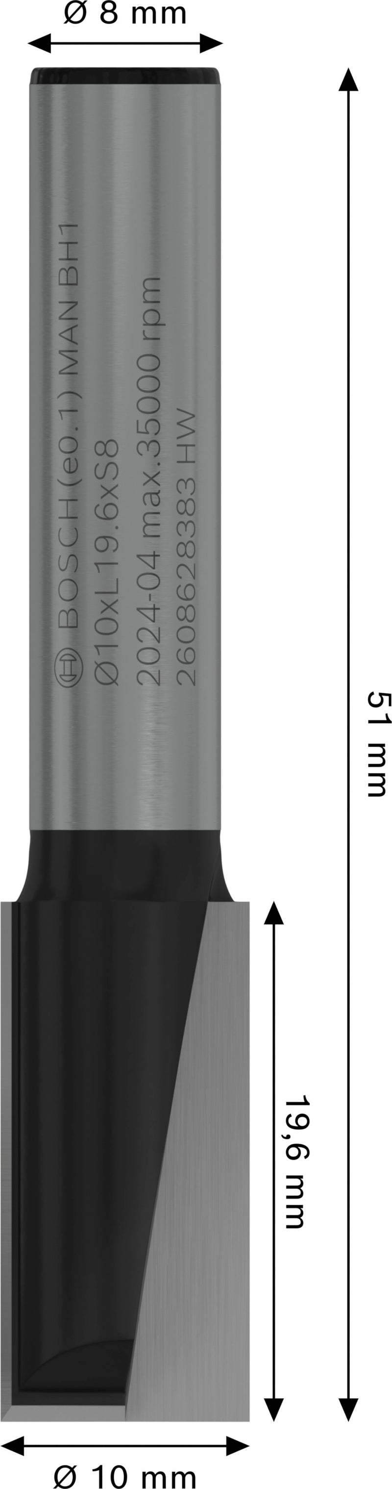 Bosch PRO straight router bit, two flutes, Ø 10 x L 19.6, 8 mm shank