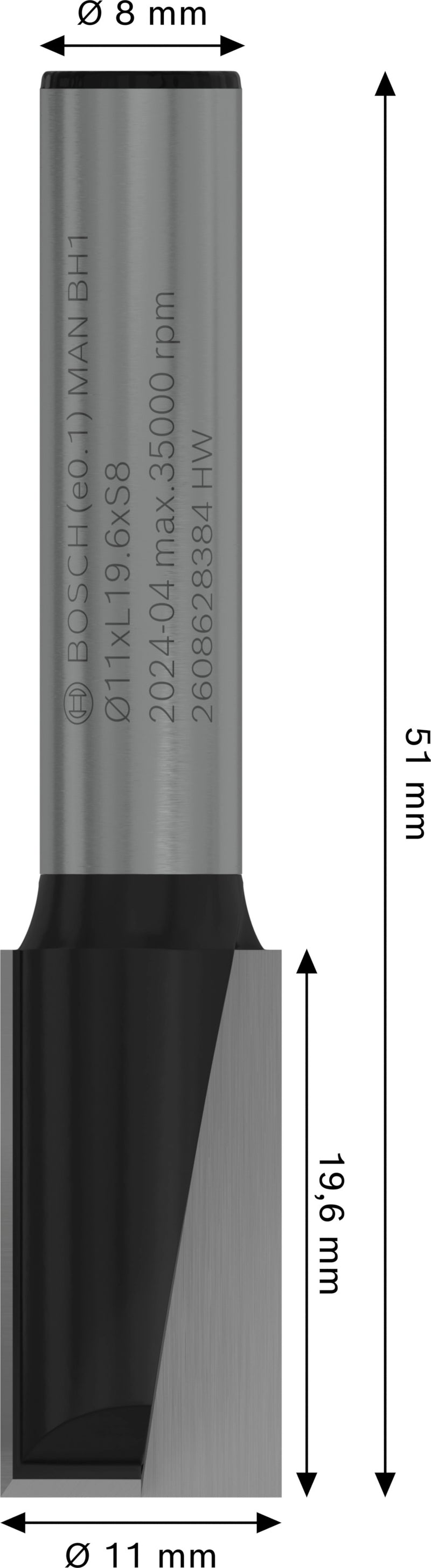 Broca de tupia reta Bosch PRO, duas ranhuras, Ø 11 x L 19,6, haste de 8 mm